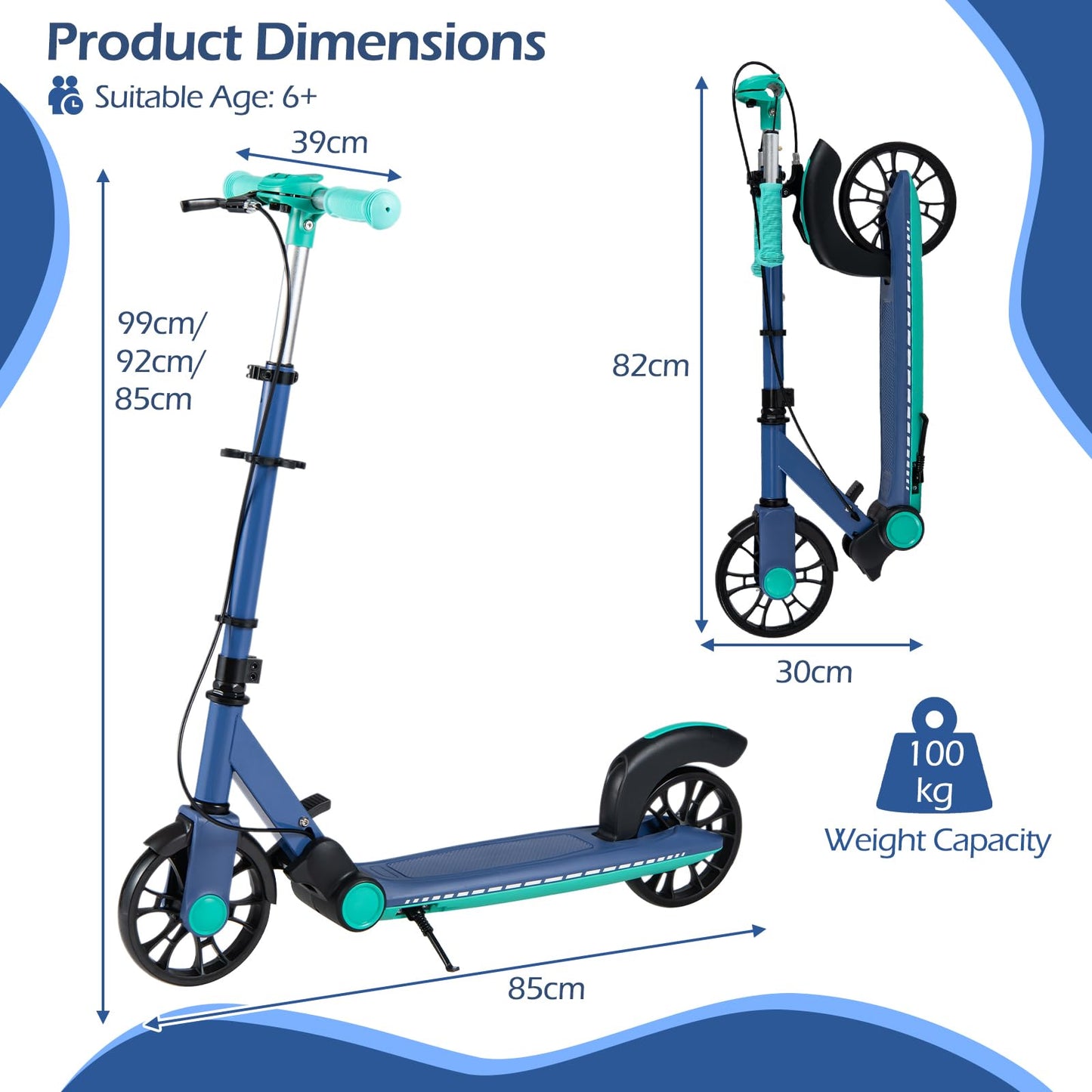 Folding Kick Scooter, 2 Flash Wheels Scooter with 3-Level Adjustable Handlebar and Rear Foot Brake