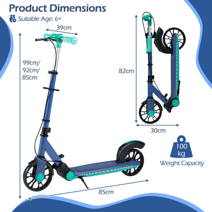 Folding Kick Scooter, 2 Flash Wheels Scooter with 3-Level Adjustable Handlebar and Rear Foot Brake