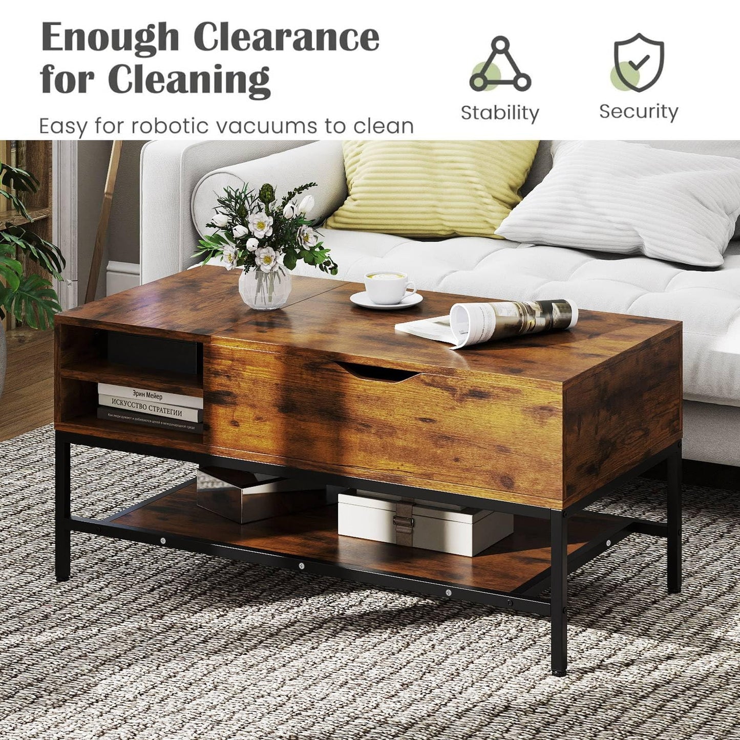 Lift Top Coffee Table with Hidden Compartment and Removable Shelf