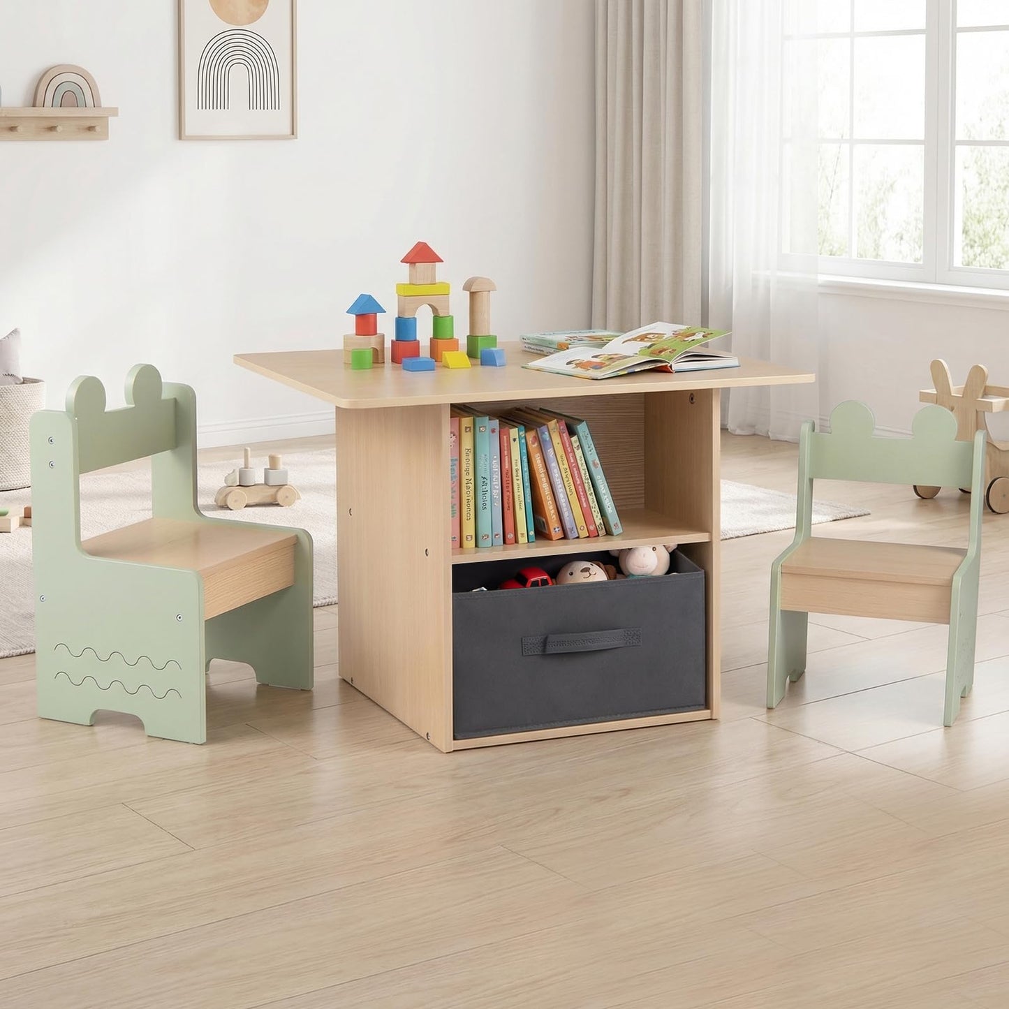 Kids Table and Chairs Set Wooden Toddler Activity Table Set with 2 Open Compartments