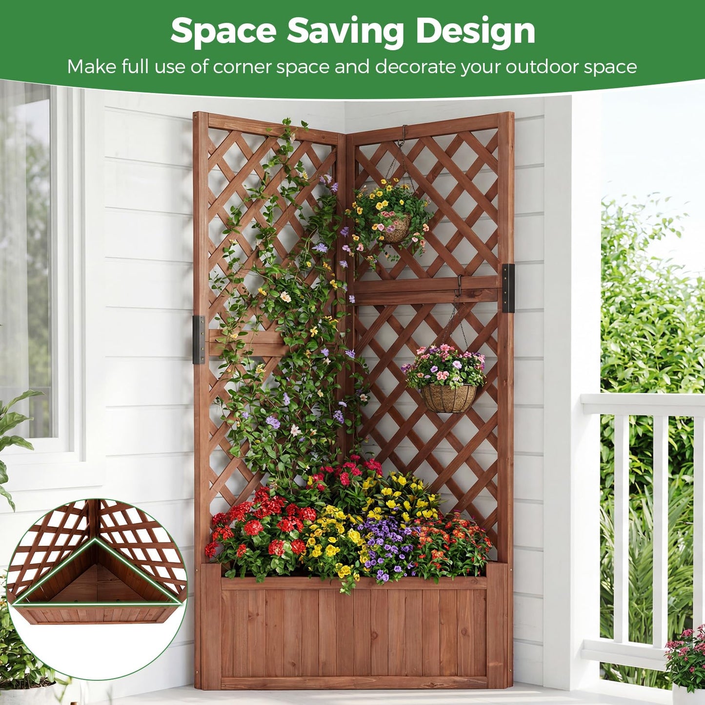 Wooden Planter with Trellis, Corner Raised Garden Bed with Drainage Holes