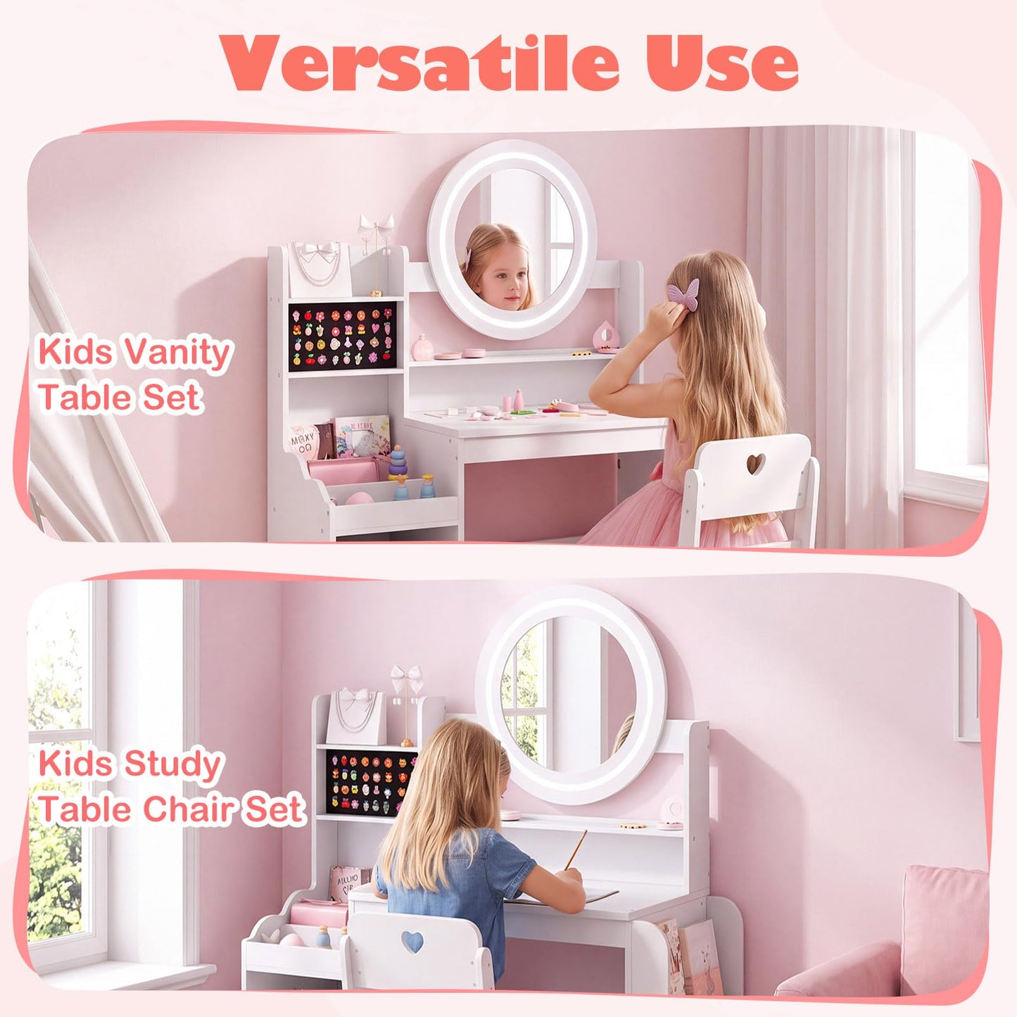 Kids Dressing Table with Lighted Mirror (White, With Storage
