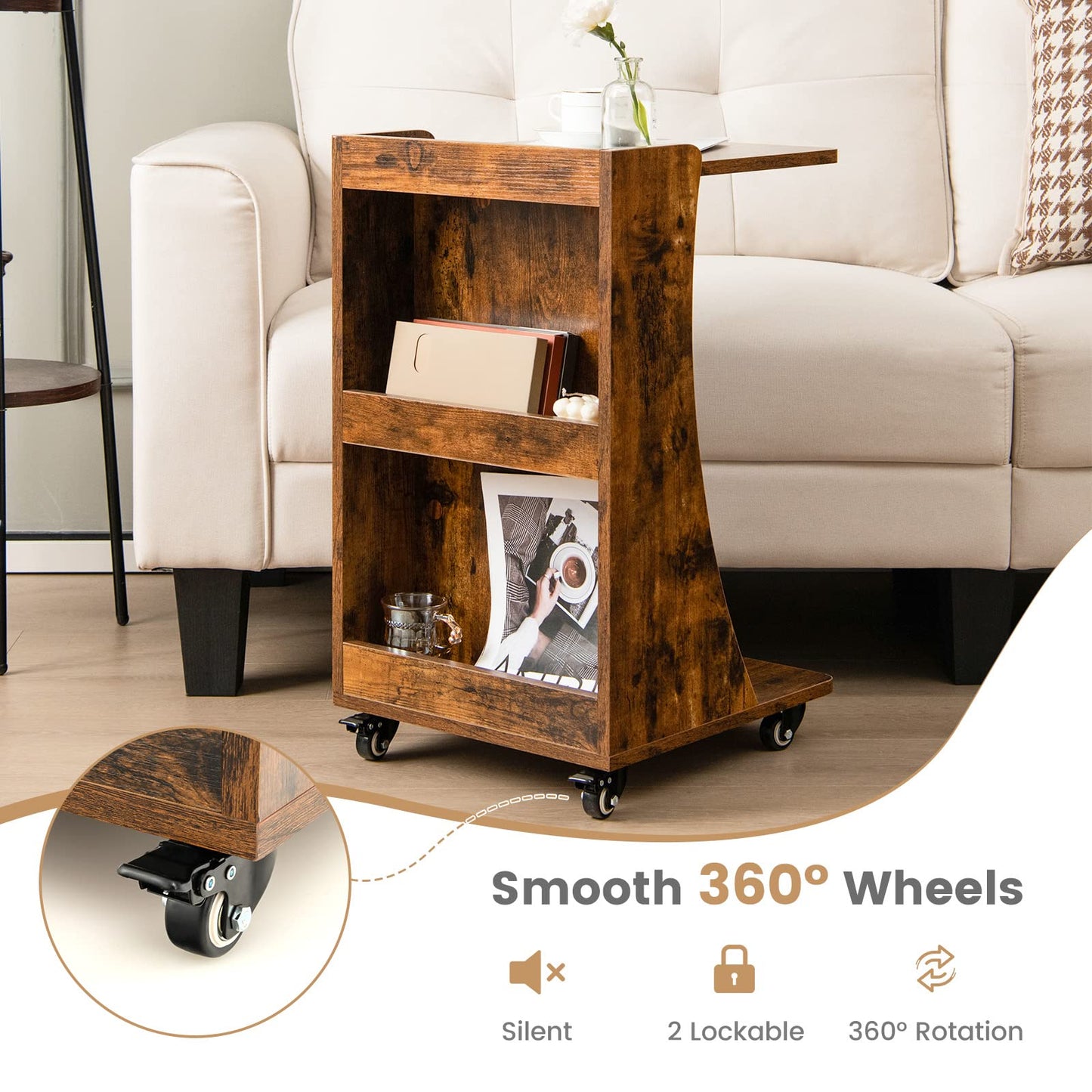 C-Shaped Side Table with Storage Shelf for Bedroom and Living Room