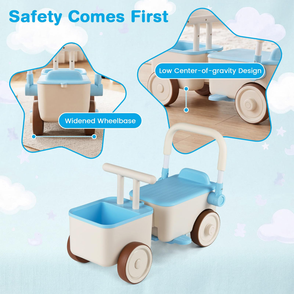 3-in-1 Kids Ride On Push Car with Foldable Push Handle and Storage Basket