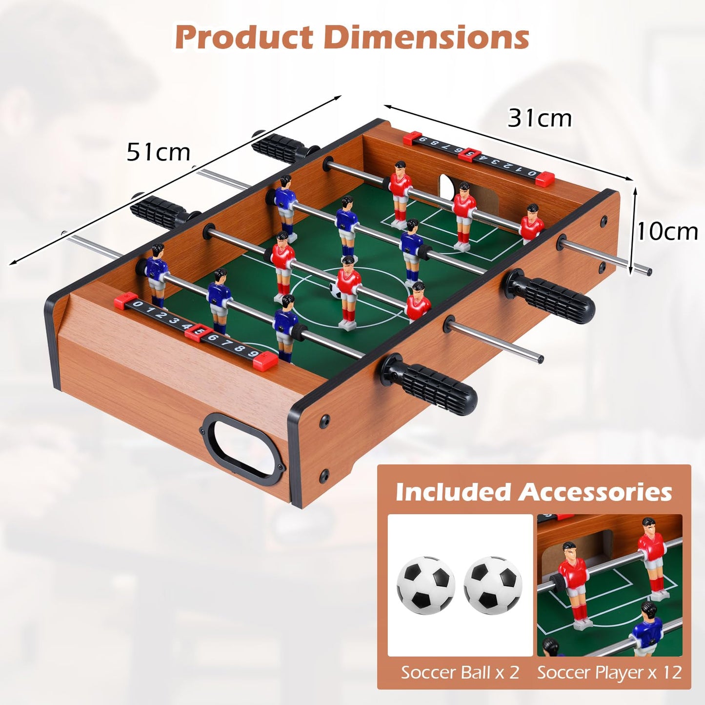 Table Top Football Game, 51 x 31cm Foosball Table with 2 Balls, Score Keepers