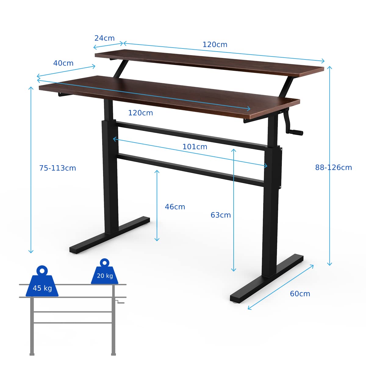 2-Tier Standing Desk with Adjustable Height and Crank Handle