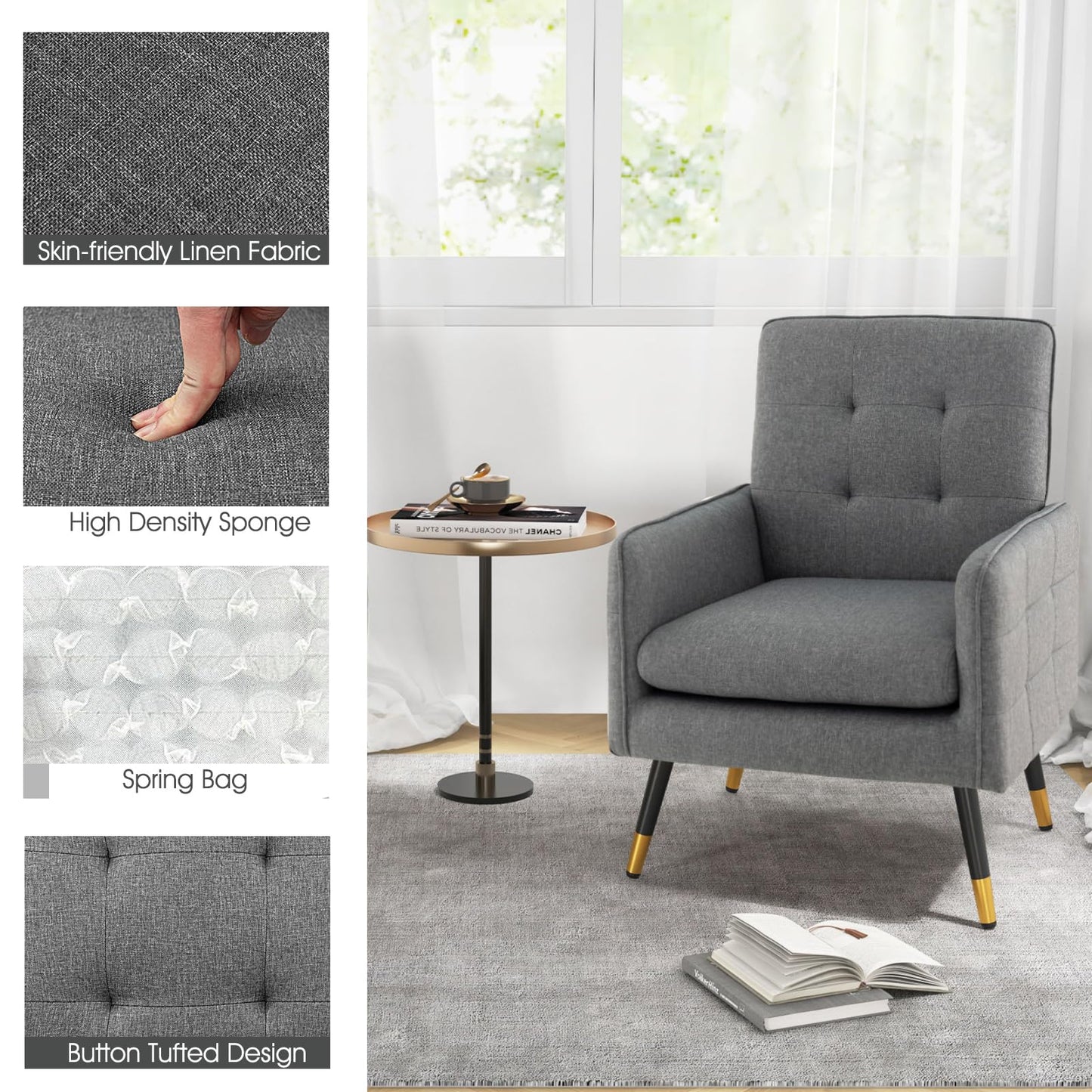 Linen Fabric Accent Chair Single Sofa with Removable Seat Cushion