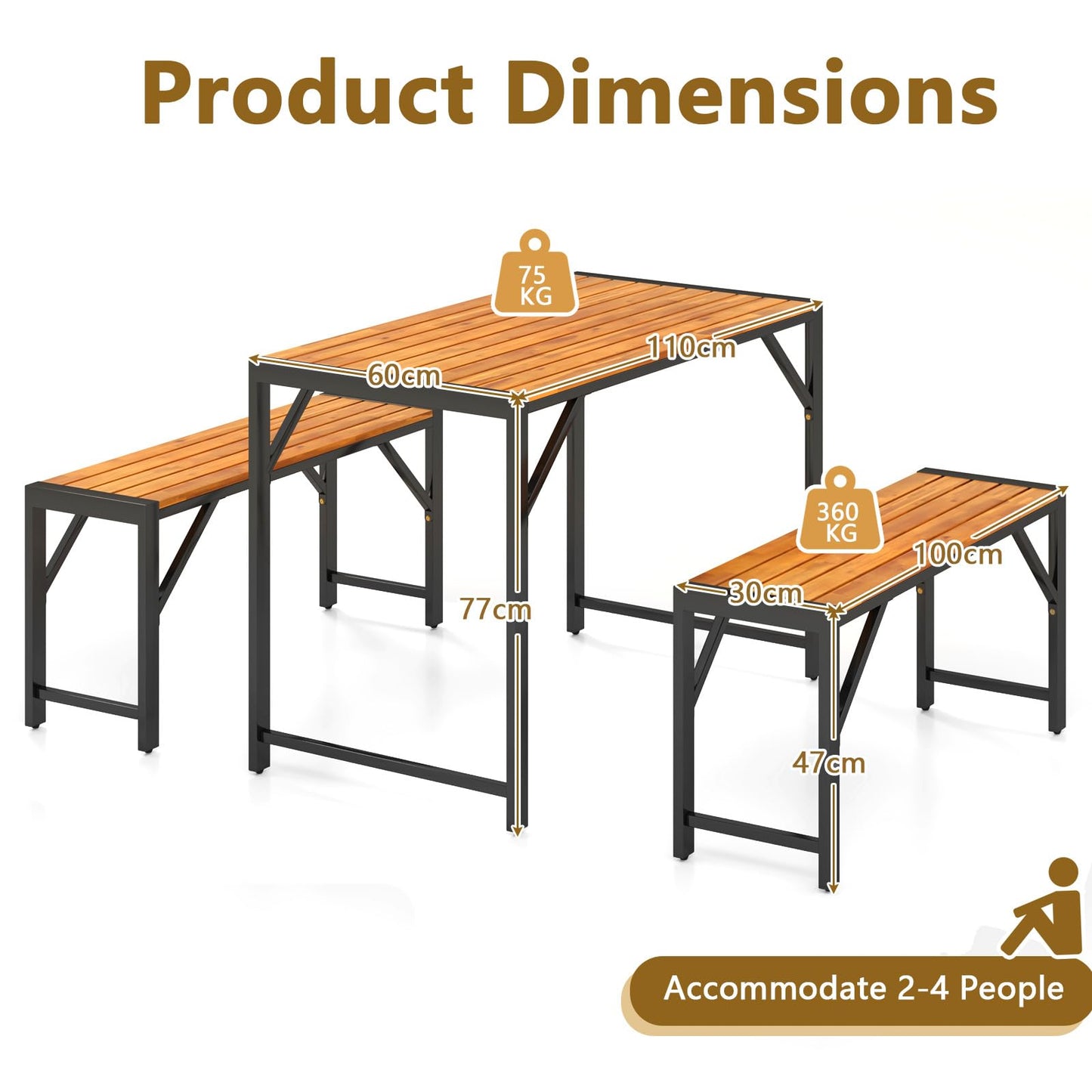 3 Pieces Patio Dining Set with Outdoor Picnic Table and 2 Benches for 4 People