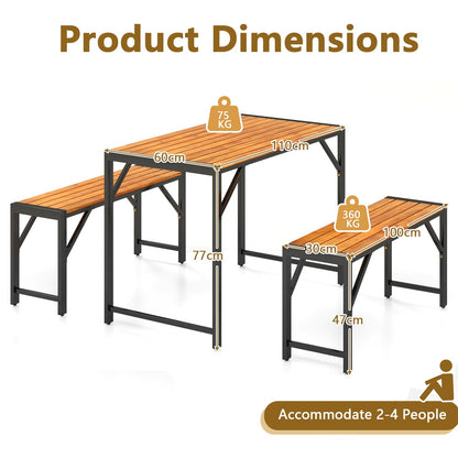 3 Pieces Patio Dining Set with Outdoor Picnic Table and 2 Benches for 4 People