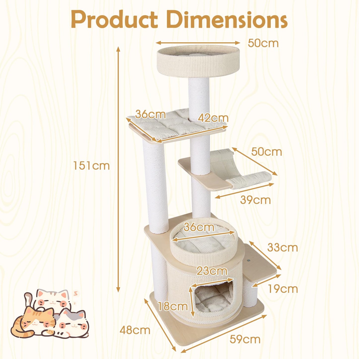 Cat Tree, Tall Multi-Layer Cats Tower with Comfy Padded Top Perch