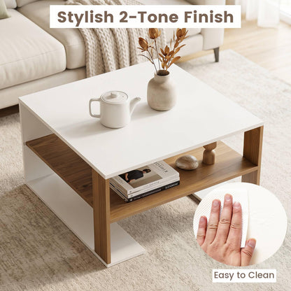 Wooden Square Coffee Table with Storage and Open Shelf for Living Room