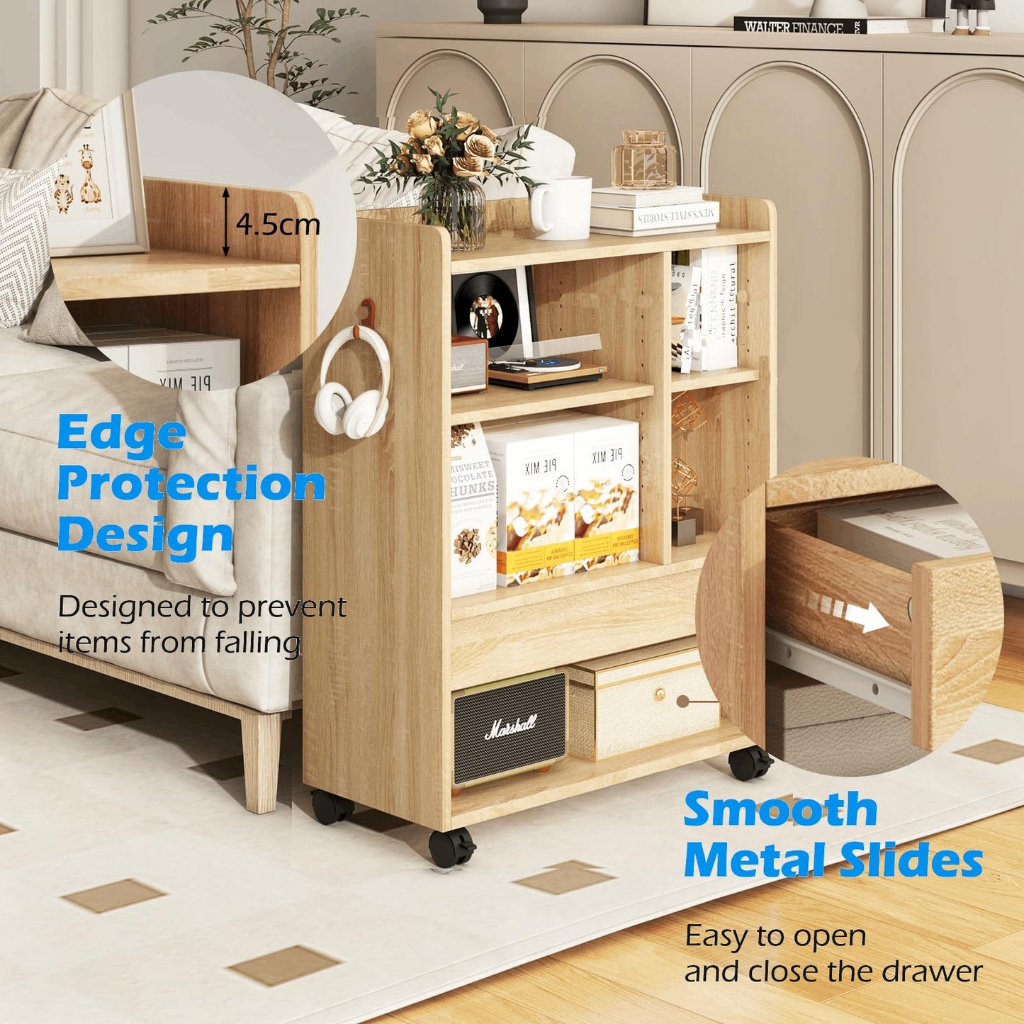 Mobile Storage Cabinet with Drawer and Adjustable Shelves