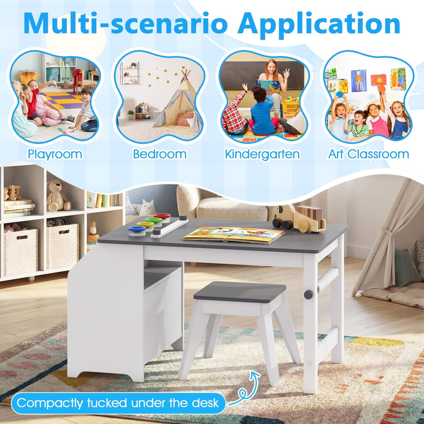 Kids Art Table and Stool Set, Toddler Craft Desk