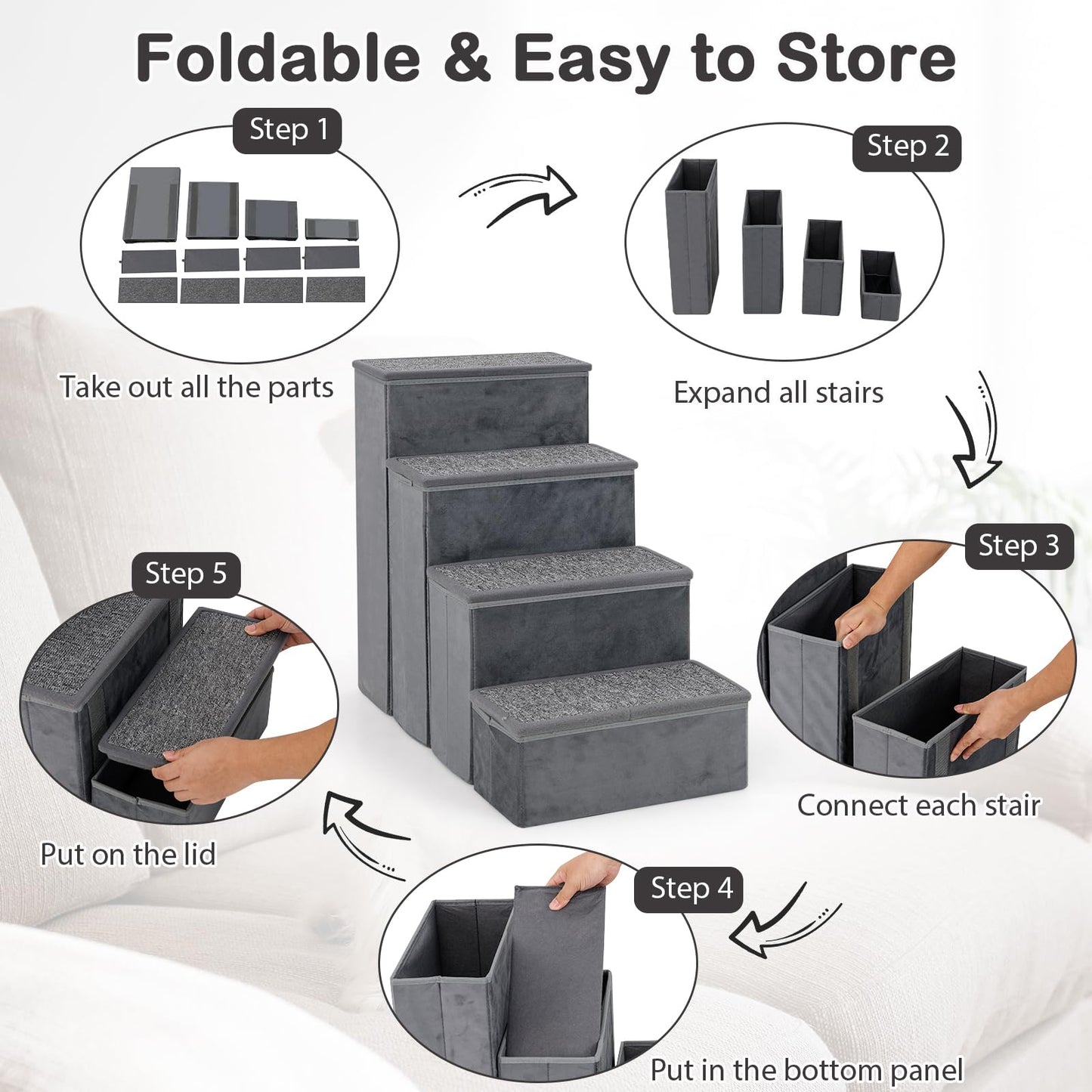 Non-Slip 4-Step Dog Stairs with Storage Box