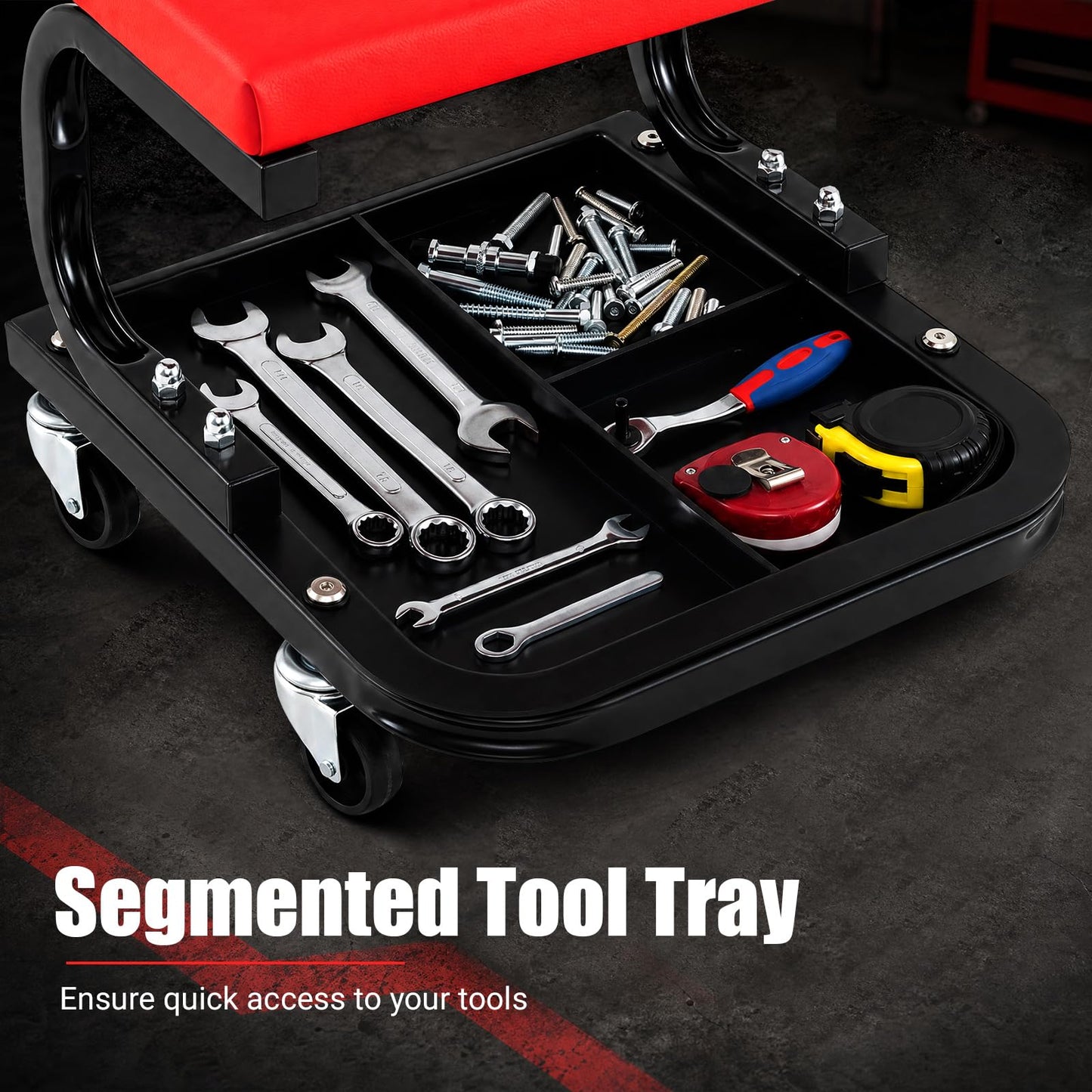 Rolling Mechanic Stool with Padded Seat, Tool Tray and 4 Wheels