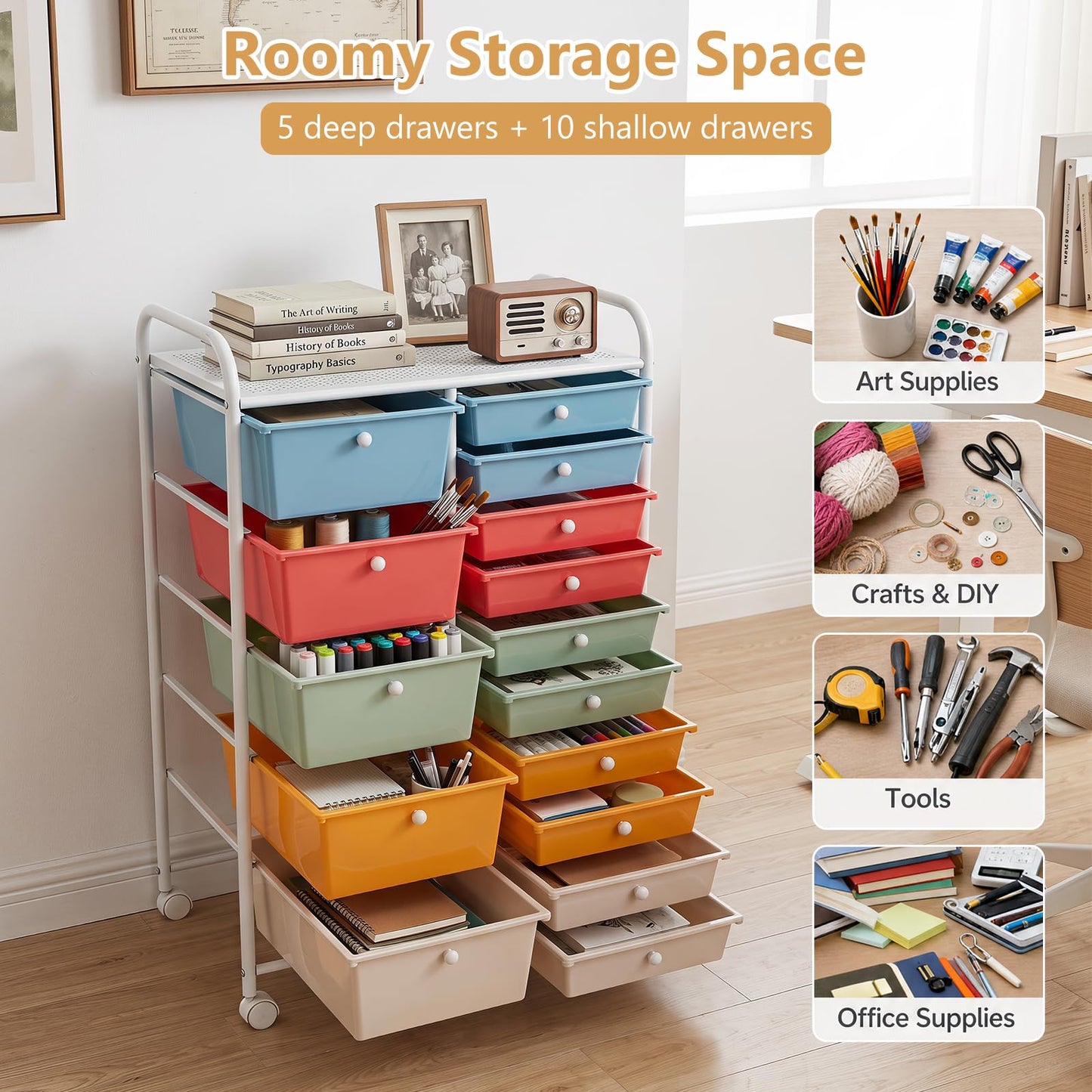 15 Drawers Storage Trolley, Home Office Stationary Rolling Cart