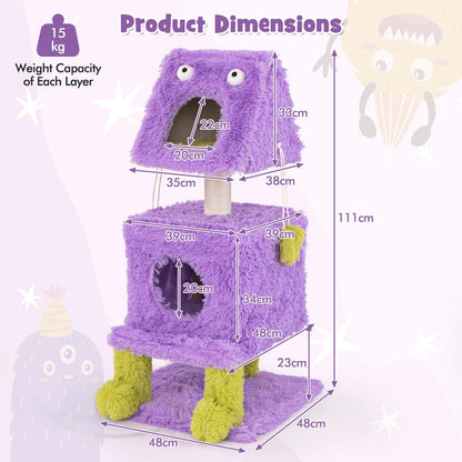Cute Monster-Themed Cat Tower with 2 Private Condos and Soft Long Plush