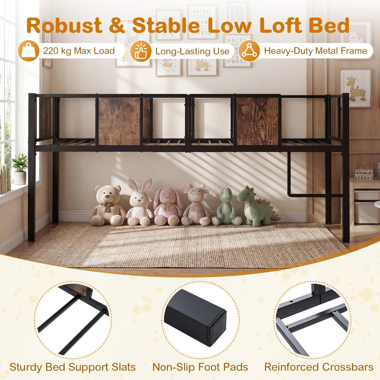 Kids Loft Bed, Metal Single Size Low Loft Bed with Under-Bed Space