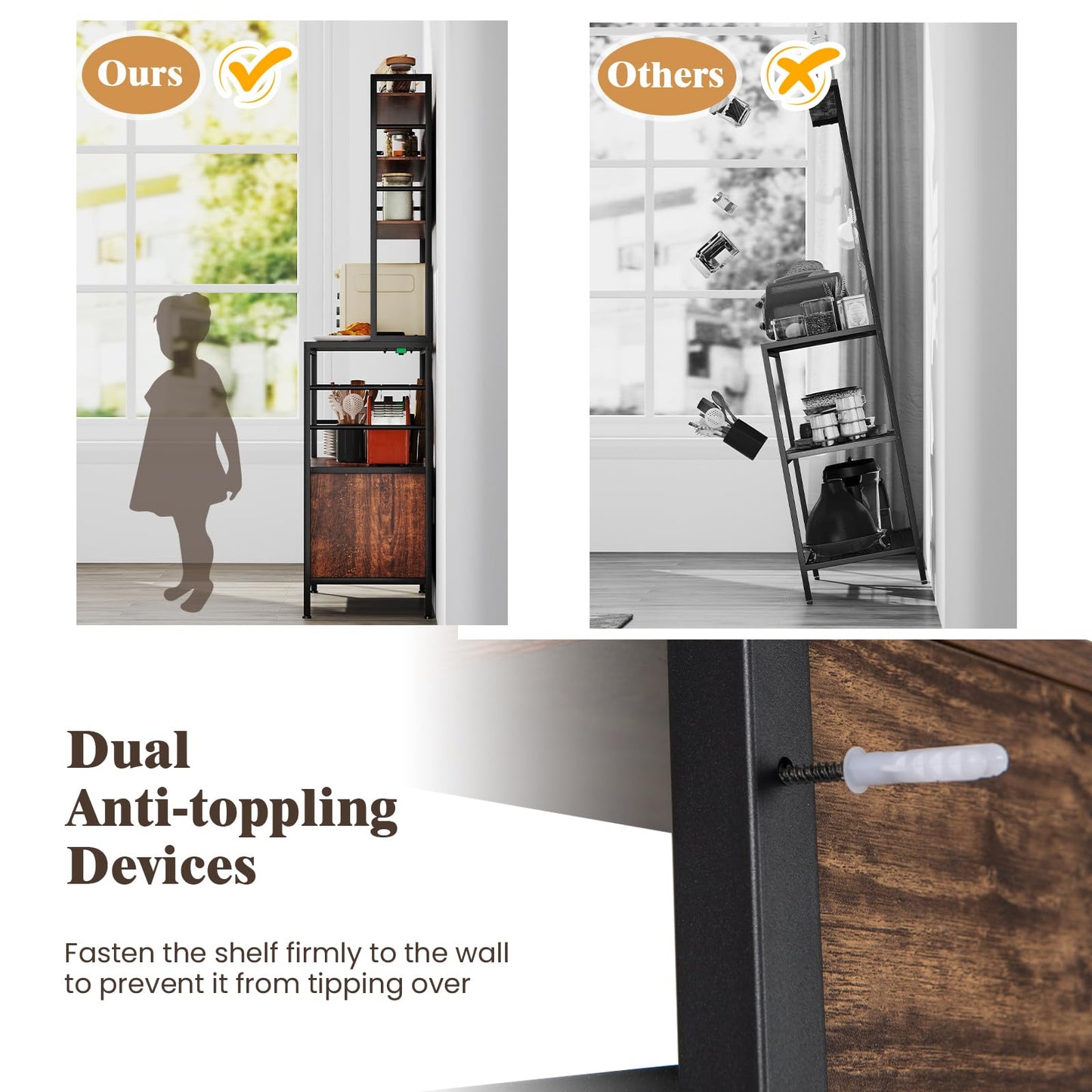 Bakers Rack with Power Outlet and Heavy Duty Metal Frame