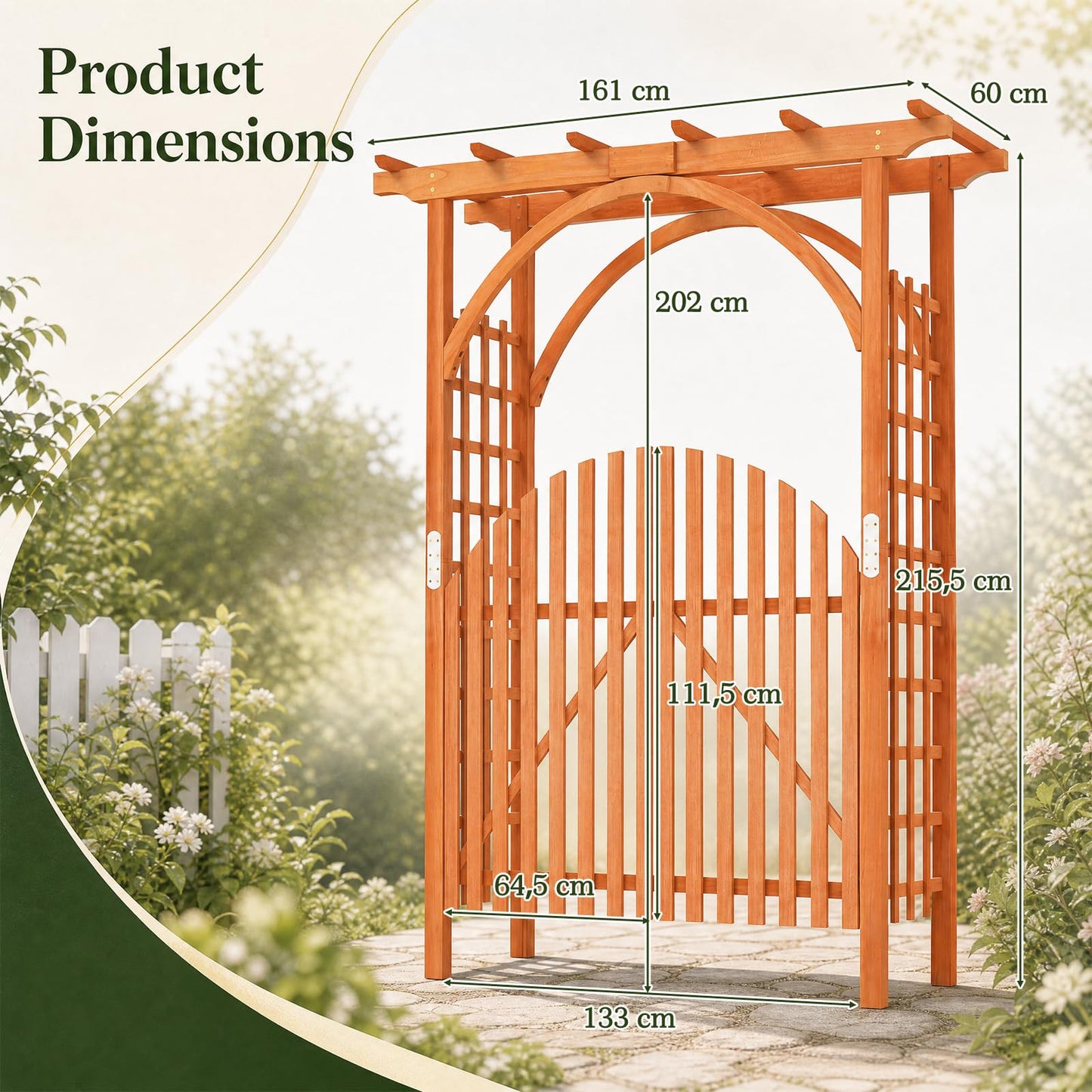 Wooden Garden Arch with Gate, Trellis Panels & Lockable Doors