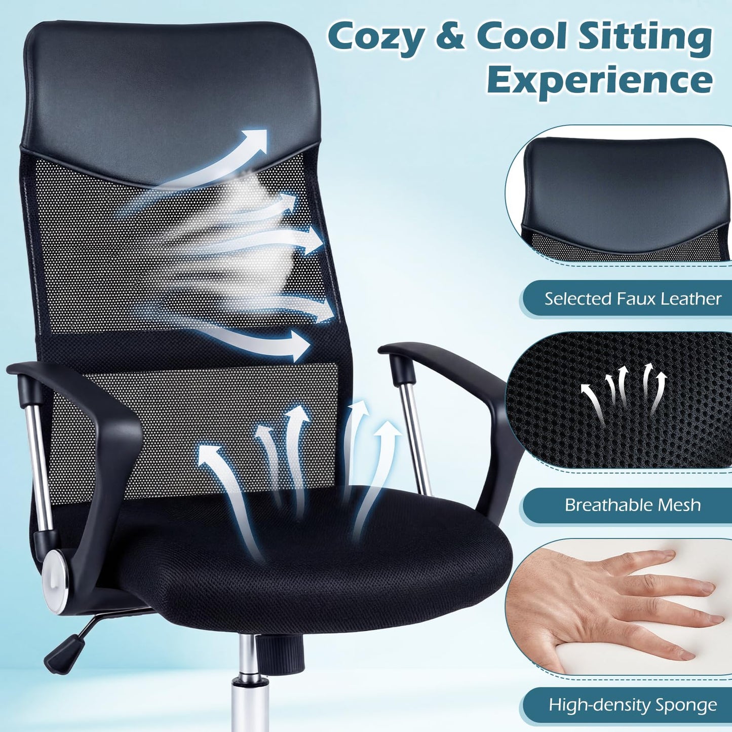 Mesh Office Chair, Height Adjustable Ergonomic Computer Desk Chairs with Casters