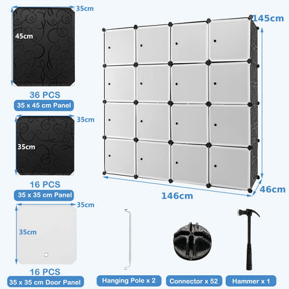 16 Cube Cabinet Storage Organizer with 2 Clothes Hanging Rails