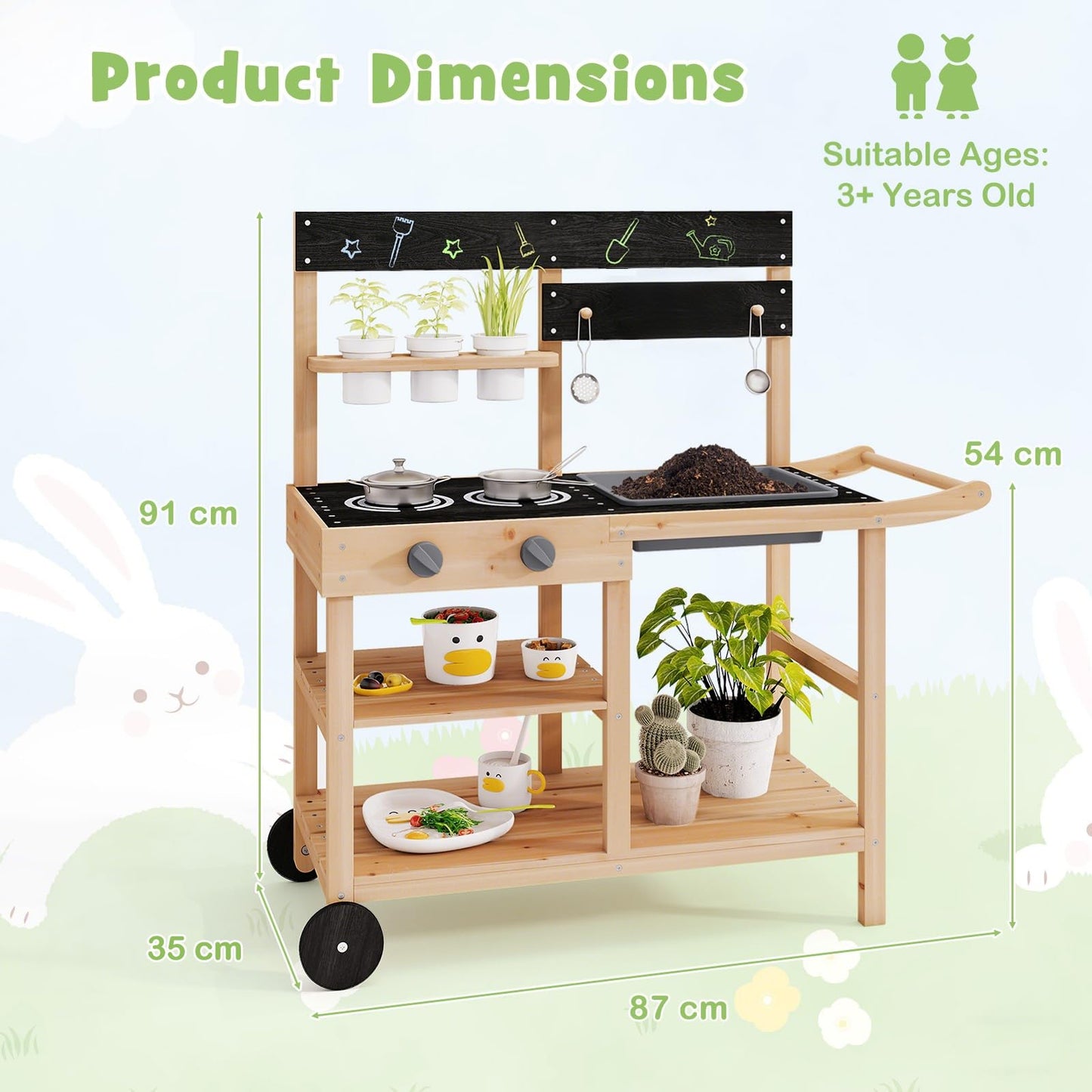 Mud Fir Wood Play Kitchen Kitchen with Wheels and Blackboard