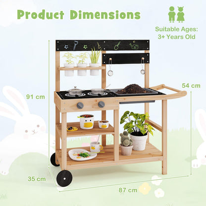 Mud Fir Wood Play Kitchen Kitchen with Wheels and Blackboard