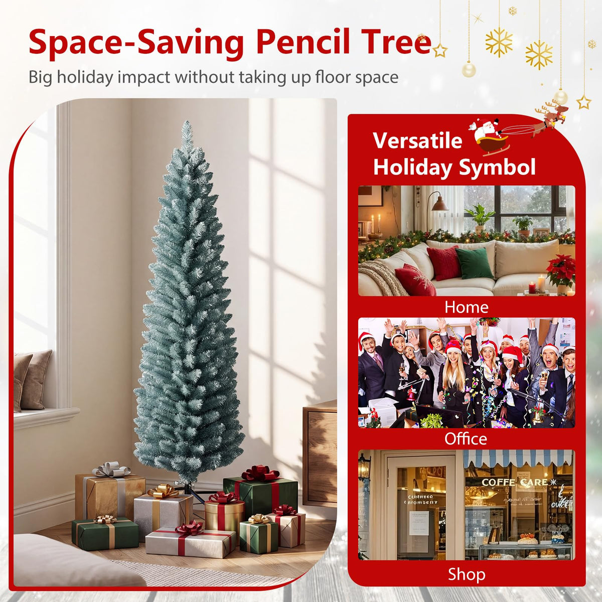 5FT/6FT/7FT Green Pencil Slim Christmas Tree, Traditional Artificial Pine Xmas Tree