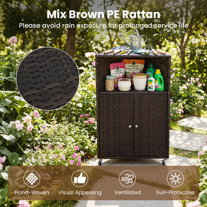 Outdoor Storage Cabinet, PE Rattan Corner Bar Cart with Shelves