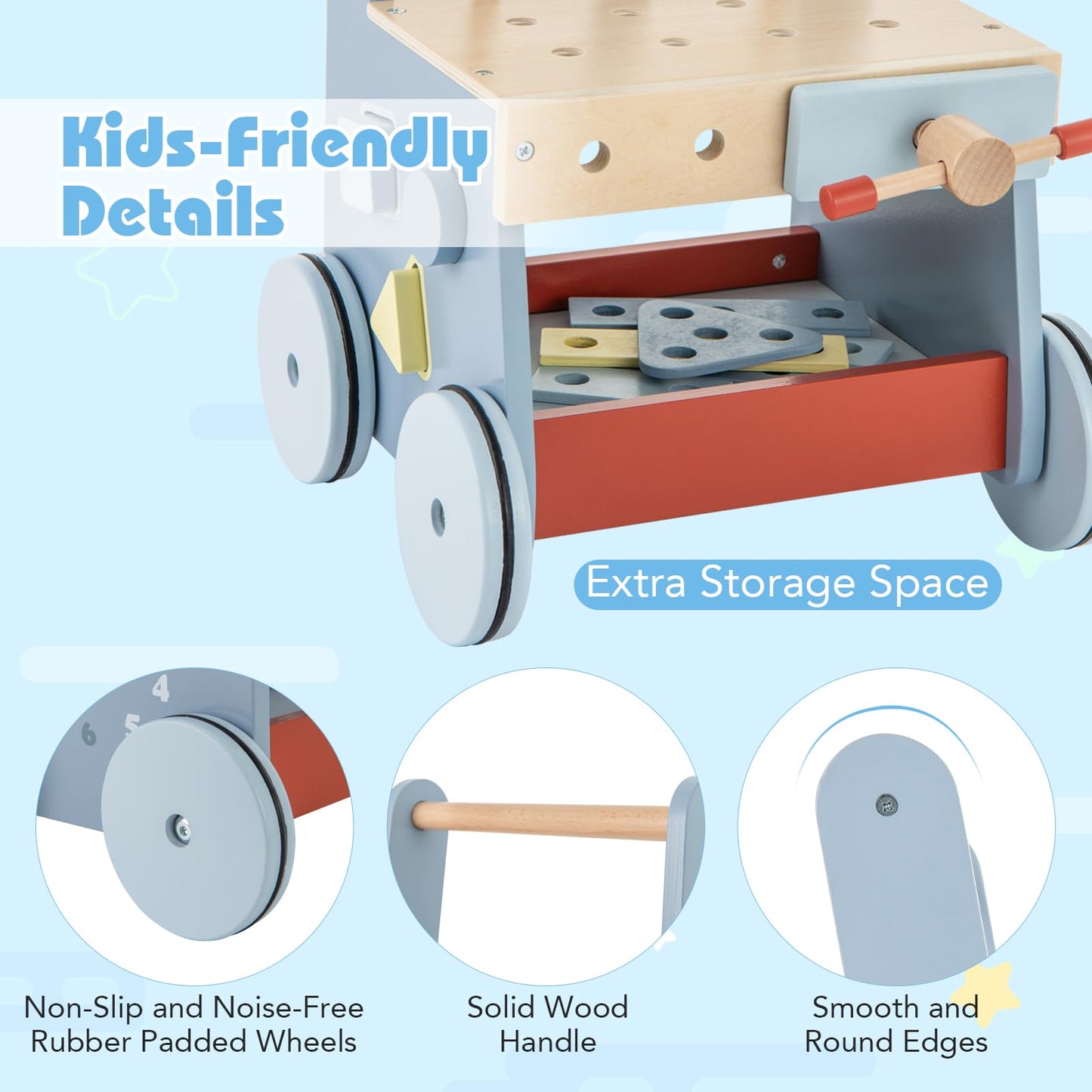 Wooden 2 in 1 Baby Walker and Toy Tool Bench with Activity Center