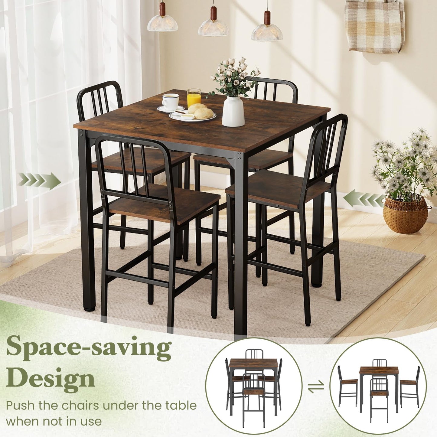 Counter Height Dining Table Set for 4 Kitchen Bar Table and Chairs Set with Faux Marble Surface