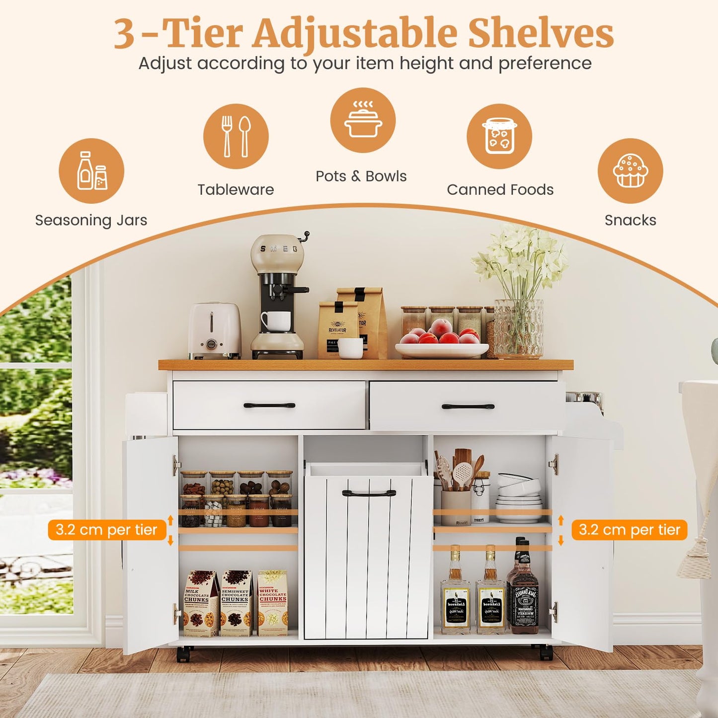 Mobile Kitchen Island with Trash Can Storage with 2 Drawers