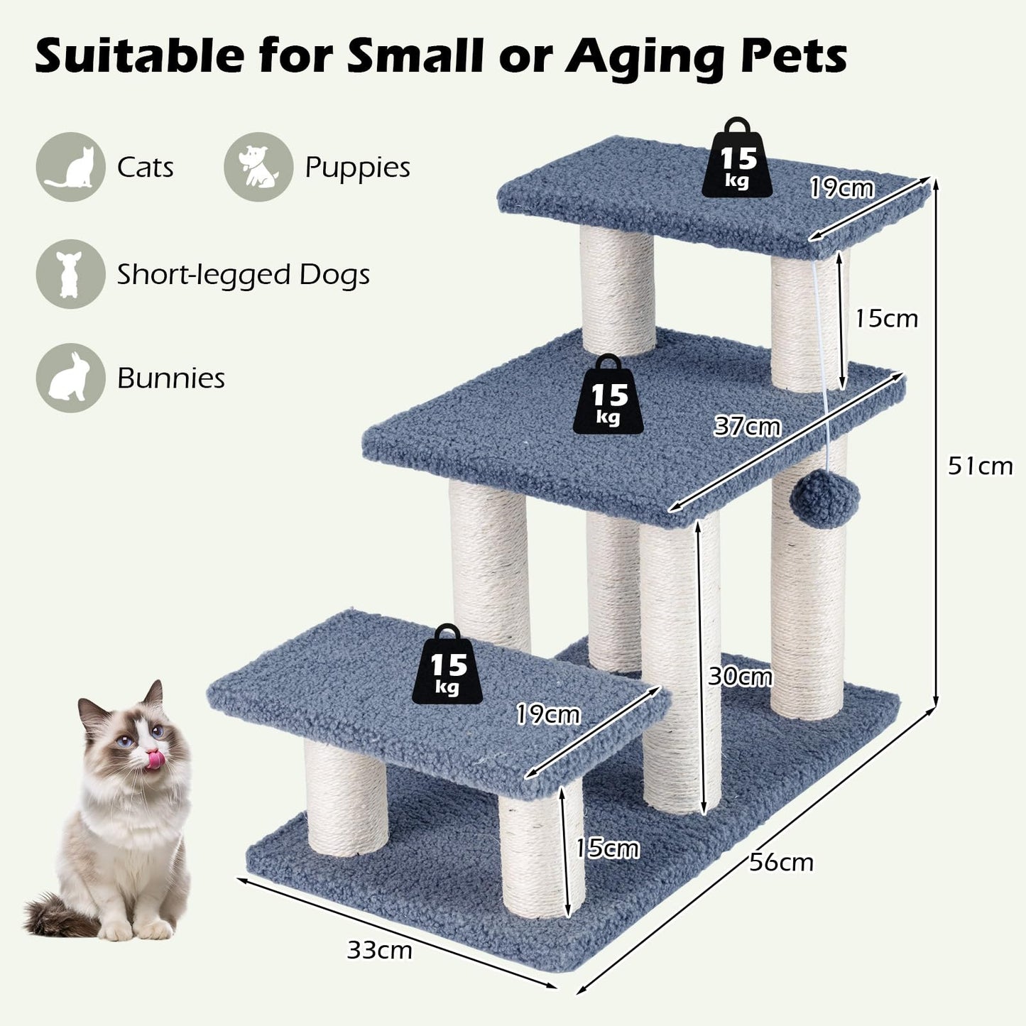 Cat Stairs, 3-Step Pet Easy Climb Ladder with Sisal Scratching Posts