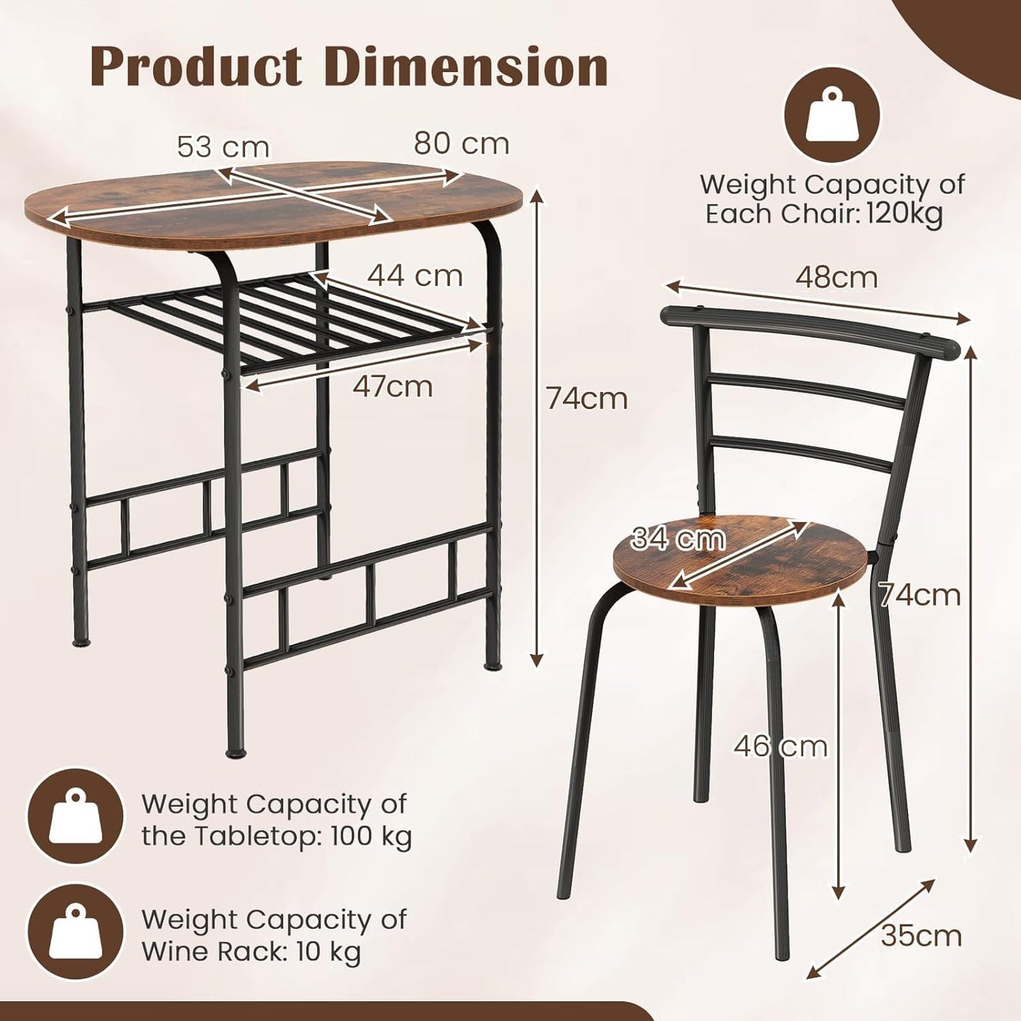 3-Piece Dining Table Set with Extra Wine Rack and Metal Frame