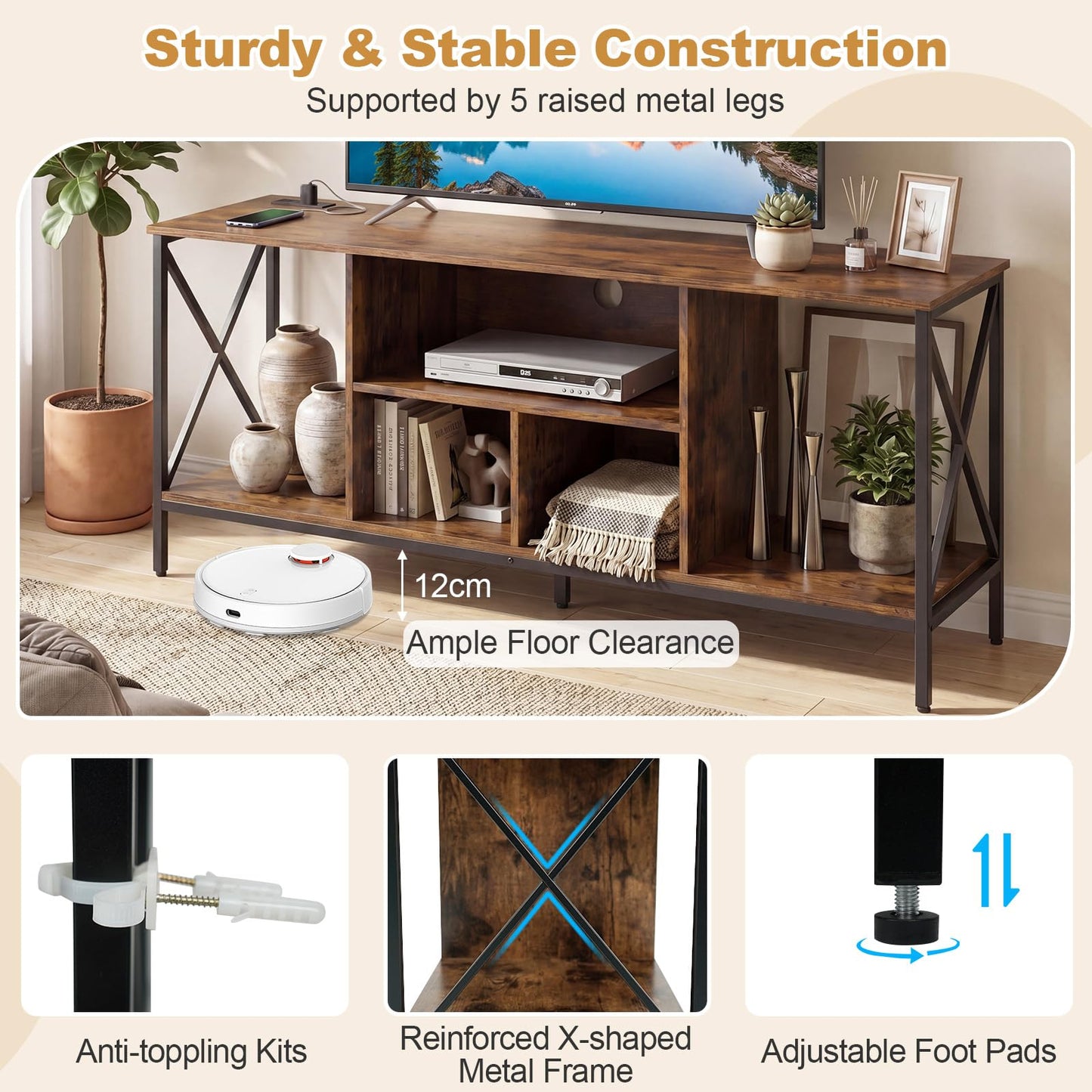 LED TV Stand Cabinet for 65" TVs with Power Outlets