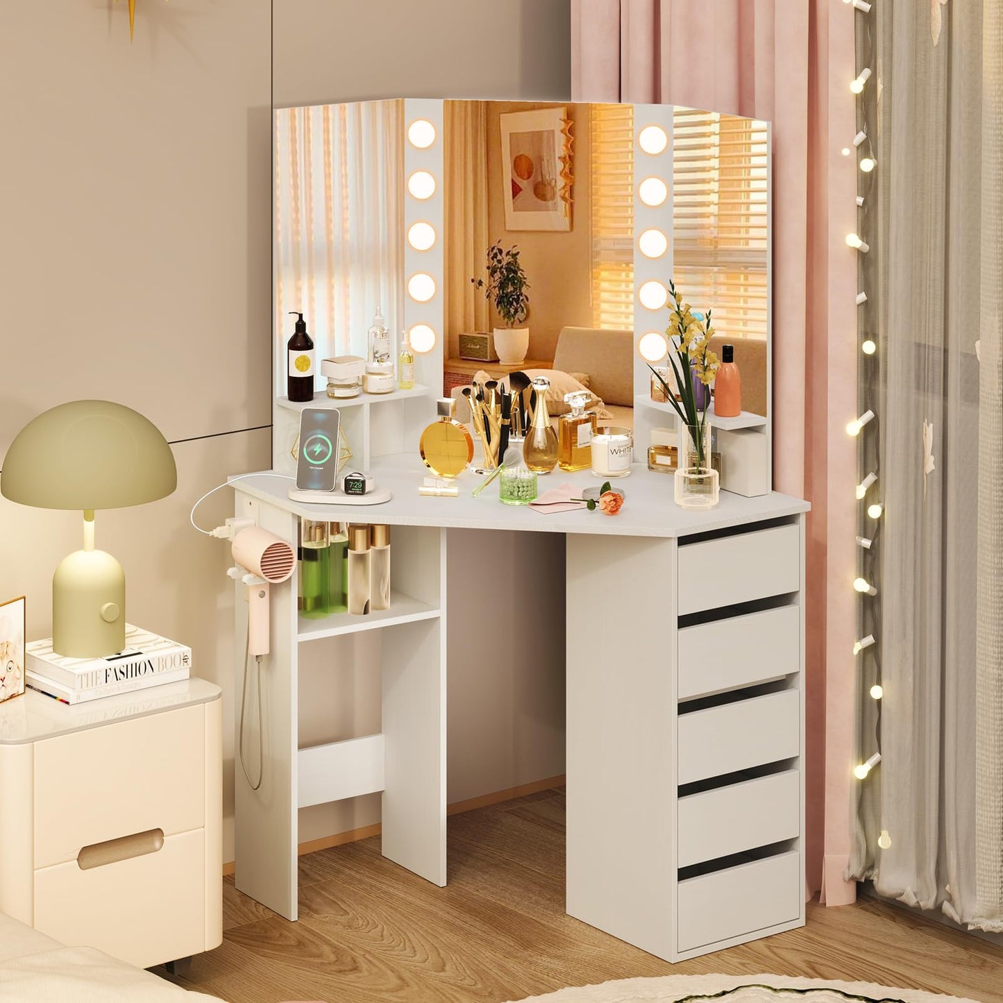 Corner Dressing Table with 3-Angle LED Lights Mirrors & Charging Station