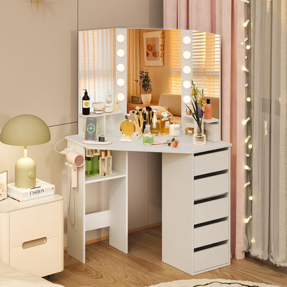 Corner Dressing Table with 3-Angle LED Lights Mirrors & Charging Station