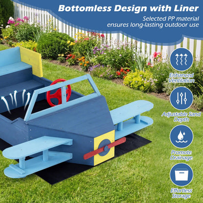 Wooden Kids Sandpit, Glider-Shape Sand Box with Bench Seat, Propeller, Rotatable Rudder