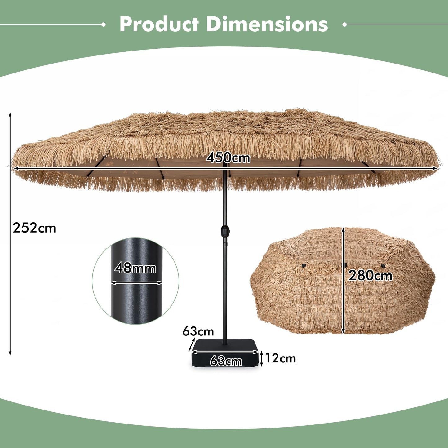 4.5m Double-Sided Thatched Tiki Parasol, Outdoor Extra Large Sun Umbrella