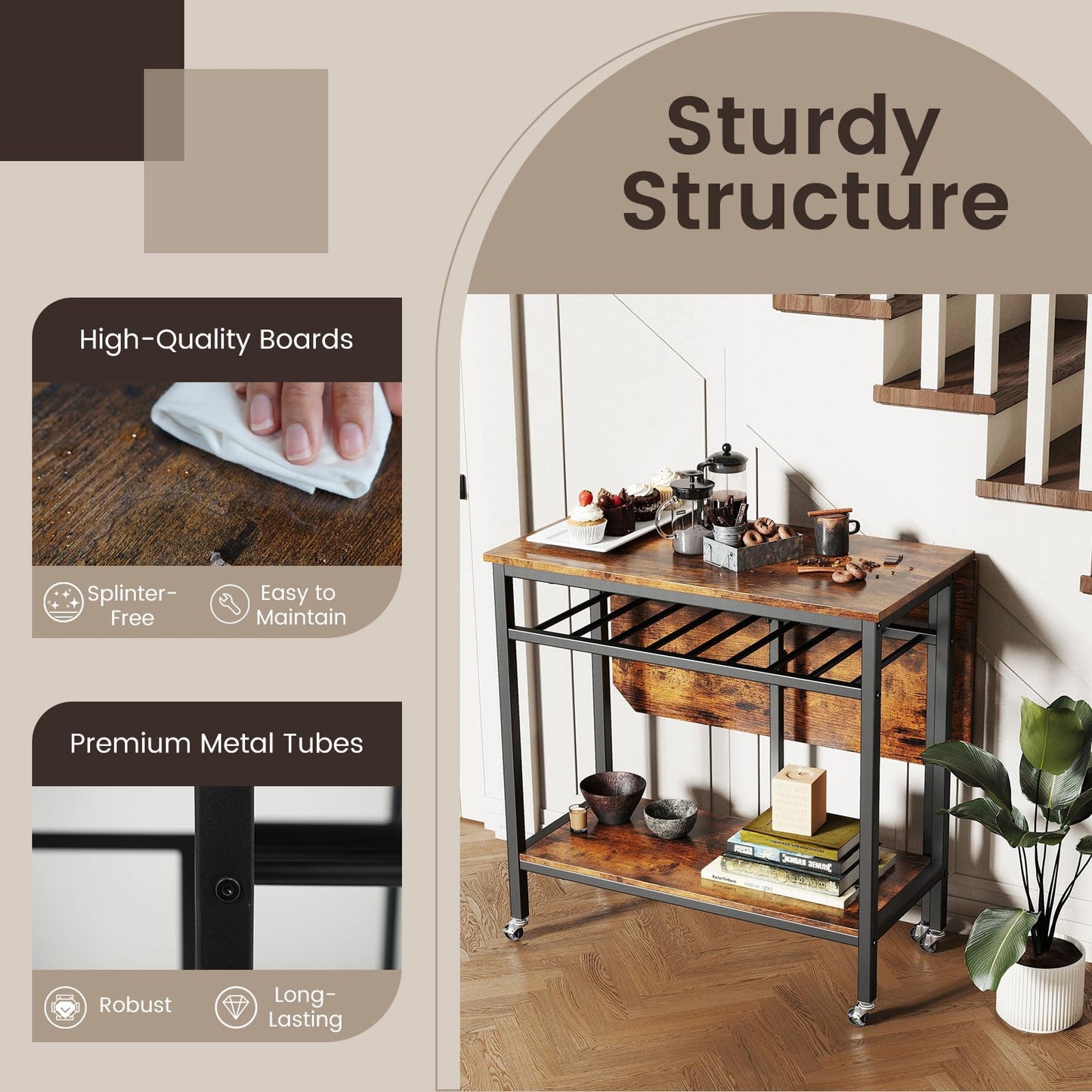 Folding Dining Table, Mobile Kitchen Table with 5 Wheels