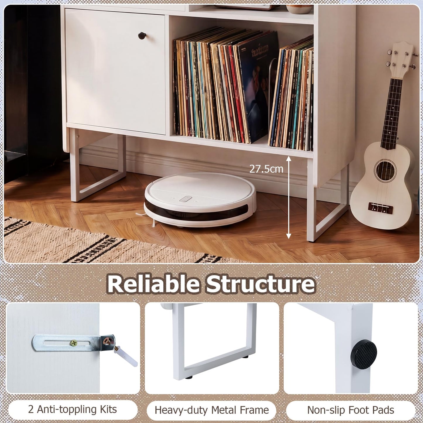Record Player Stand with Charging Station, End Table with Display Shelves & Door