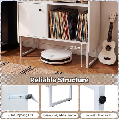 Record Player Stand with Charging Station, End Table with Display Shelves & Door