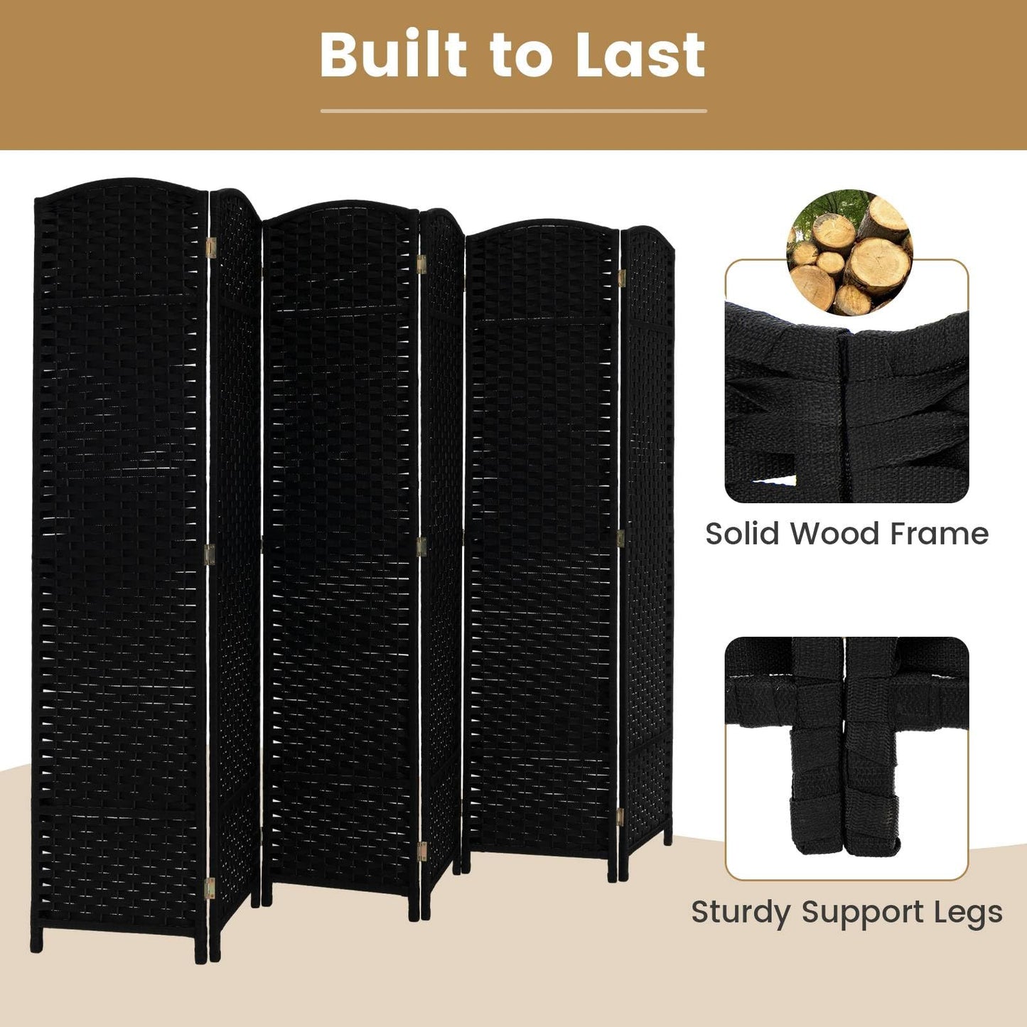 6-Panel Room Divider Folding Privacy Screen with Hand-woven Texture