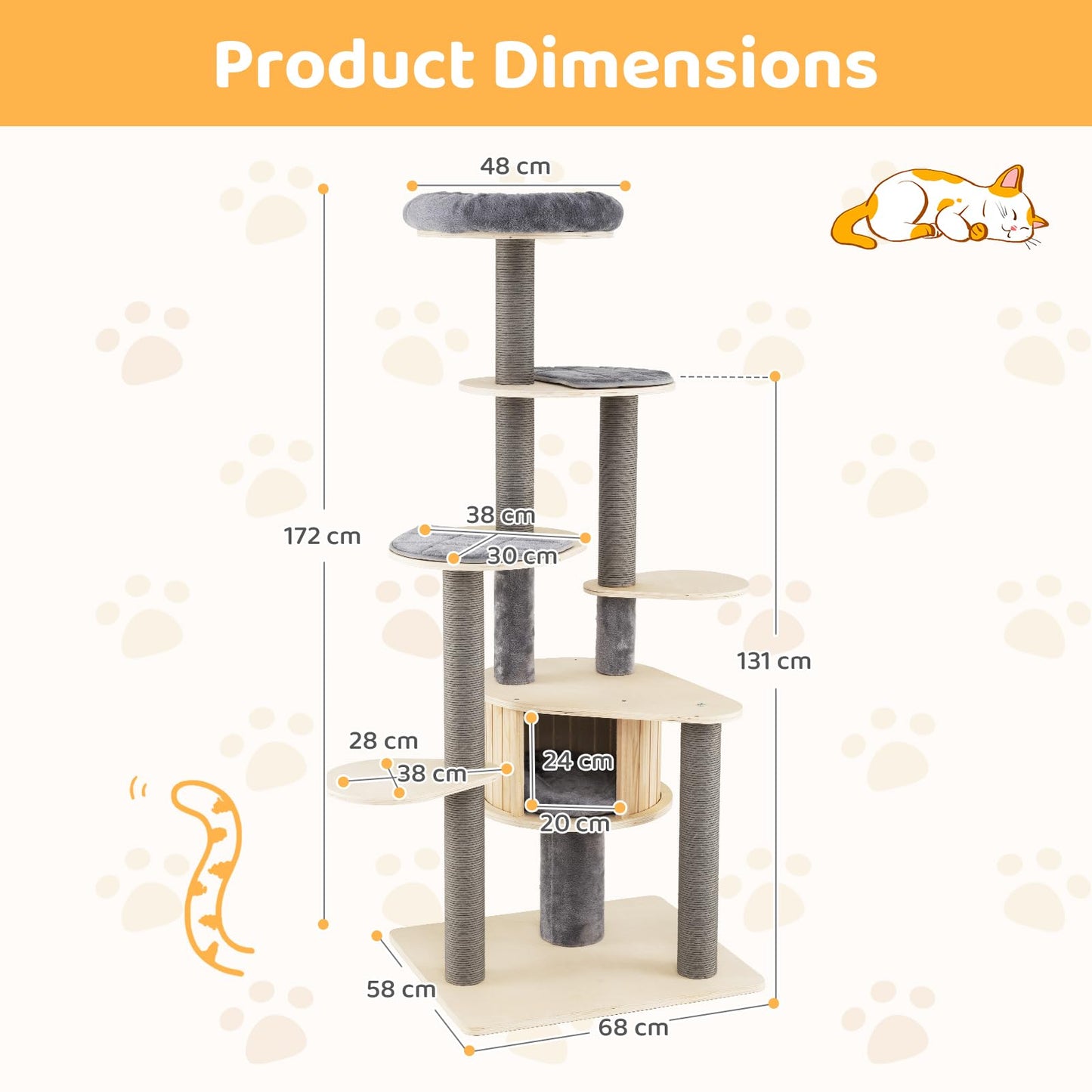 Cat Tree, Tall Multi-Layer Cats Tower with Comfy Padded Top Perch