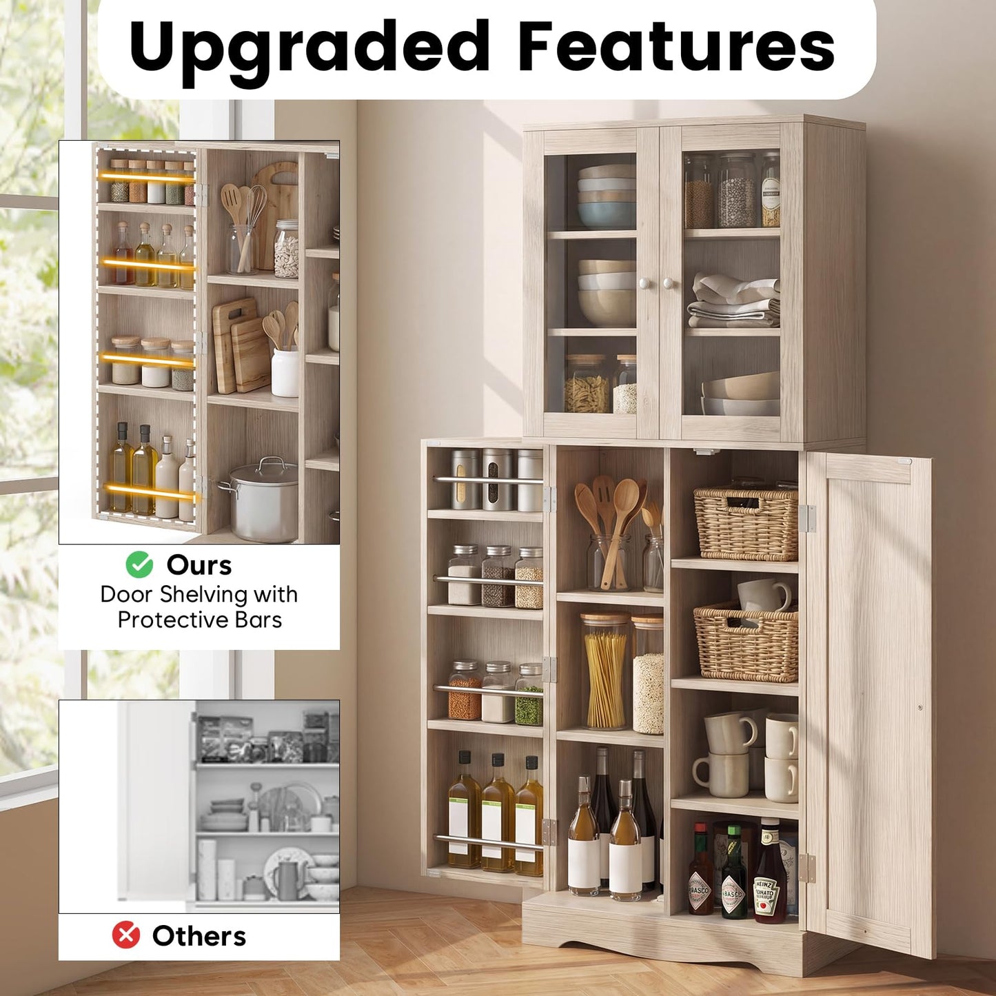 Kitchen Pantry Storage Cabinet with Glass Doors and Storage Shelves