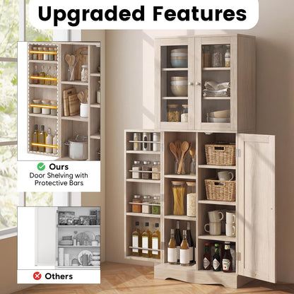 Kitchen Pantry Storage Cabinet with Glass Doors and Storage Shelves