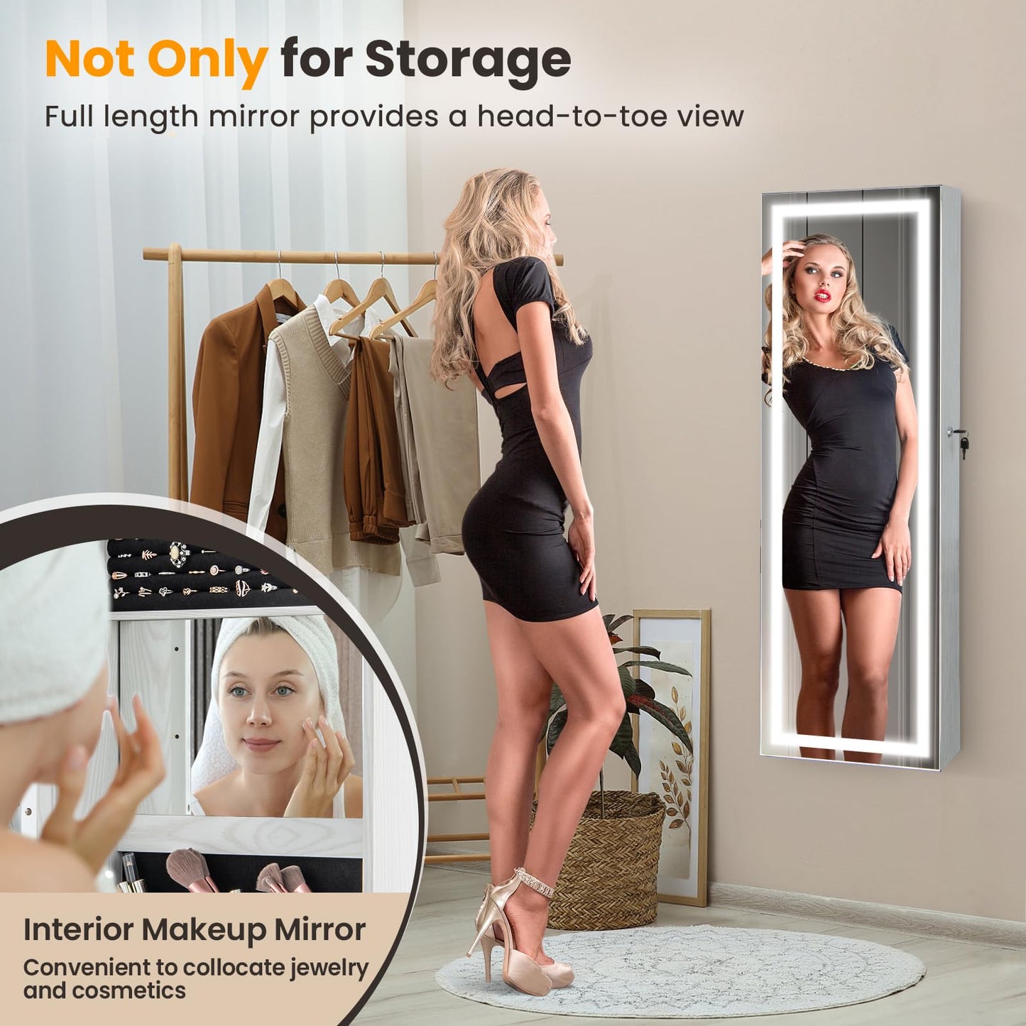 Door Hanging/Wall Mounted Jewelry Armoire with Full Length Mirror and Large Storage