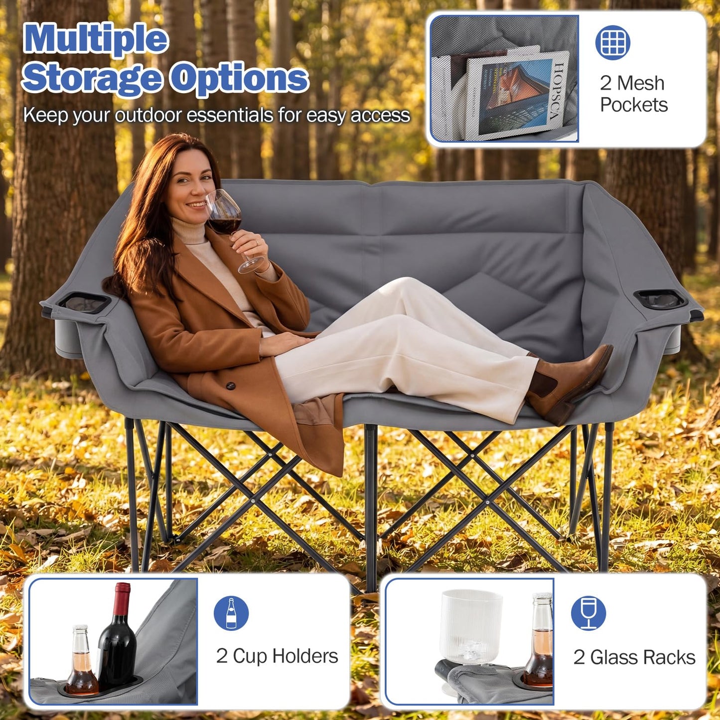 Double Camping Chair with Cup Holders and Glass Racks