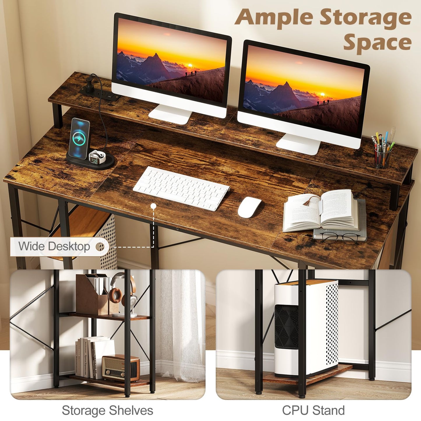 120 cm Computer Desk with Charging Station LED Lights and Storage Shelves